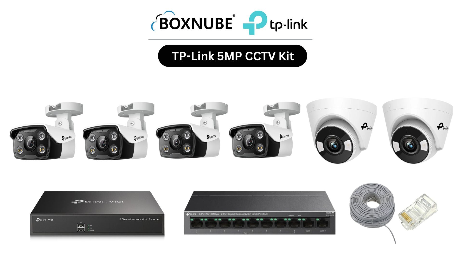 TP-Link VIGI 5MP 6 Camera Kit Bundle | 4 x C350, 2 x C450, 1 x 8 Channel NVR, 1 x 8+2 Port PoE Switch with 100M CAT6 Cable, RJ45 Connectors TP-Link VIGI 5MP 6 Camera Kit Bundle | 4 x C350, 2 x C450, 1 x 8 Channel NVR, 1 x 8+2 Port PoE Switch with 100M CAT6 Cable, RJ45 Connectors